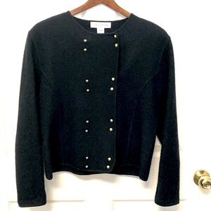 VINTAGE Black Boiled Wool Double Breasted Gold Buttons Cardigan Jacket Size M